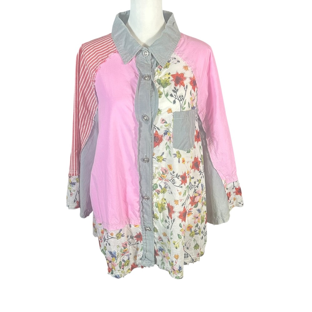 POL Mixed Media Patchwork Shirt Women's Medium Pink Floral Striped Button Down